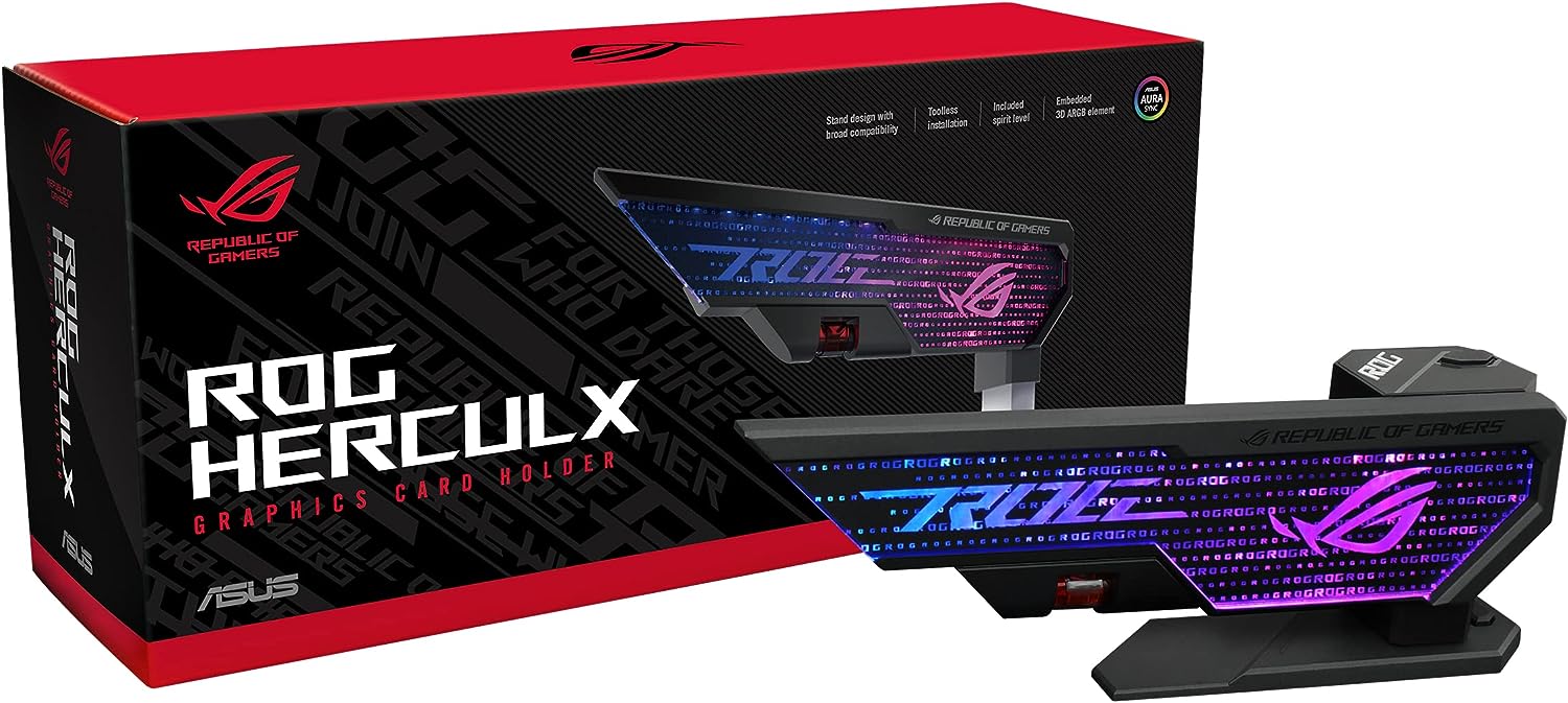 Soporte para tarjetas gráficas Asus ROG Herculx, construcción de aleación de zinc sólido, fácil instalación, nivel de burbuja incluido, altura ajustable, amplia compatibilidad, Aura Sync RGB B
