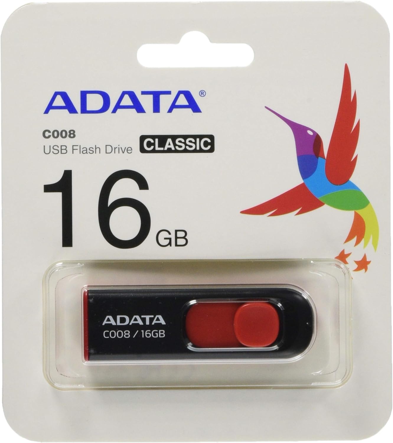 ADATA 16 GB Memoria Flash USB 2.0 Deslizable Color Negro con Rojo (Modelo C008)