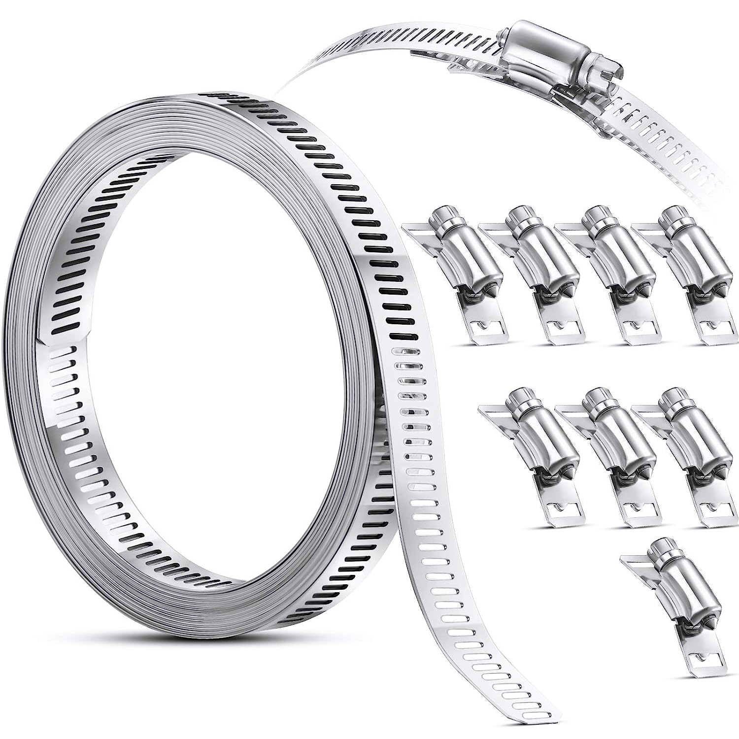Abrazaderas de manguera, abrazaderas de gusano, abrazaderas de tornillo sin fin de acero inoxidable, abrazadera de manguera grande, abrazaderas de manguera ajustable para enfriador intermedio, tubería, fontanería, tubo y línea de combustible (9 piezas, 11.5 pies)