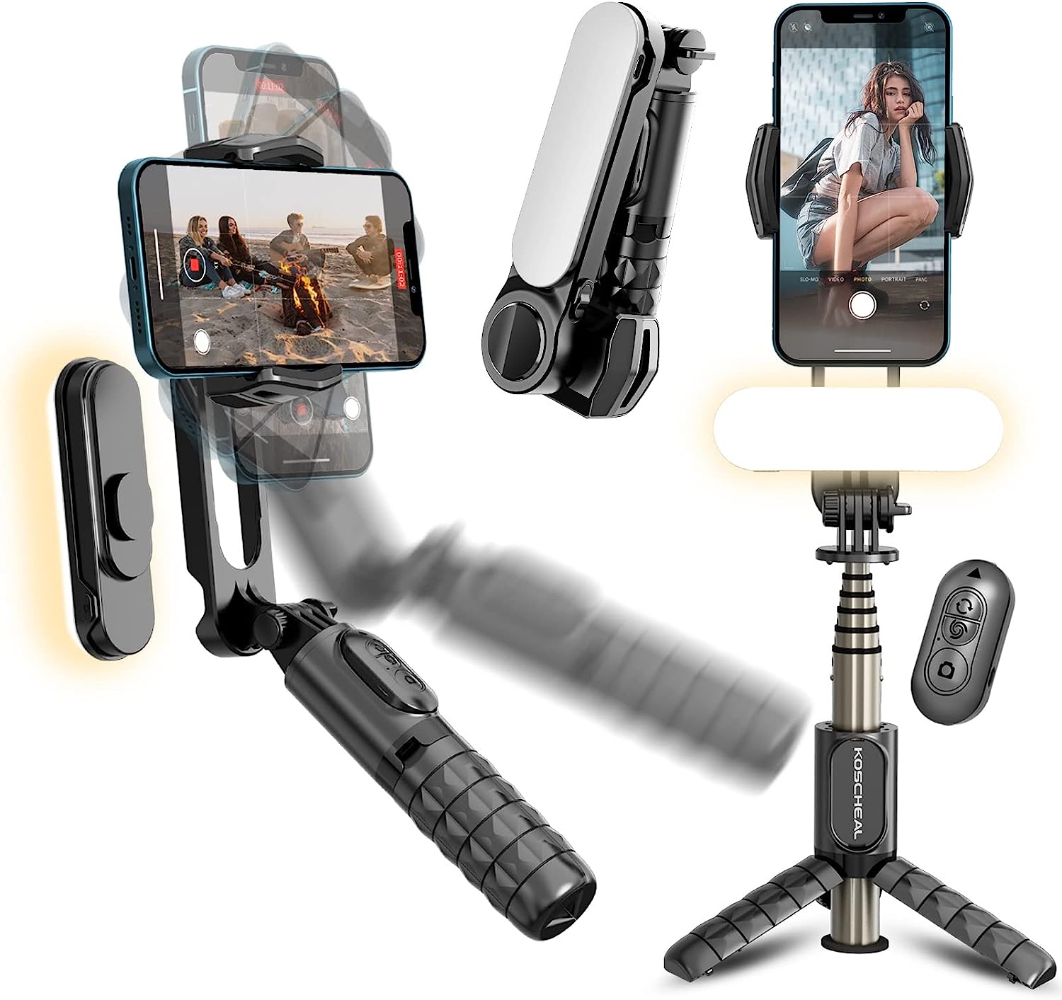 KOSCHEAL Estabilizador para Celular, Q09S Estabilizador para Smartphone con Luz de Relleno y Mando Inalámbrico Rotación Automática de 360°Modo de Escena con App