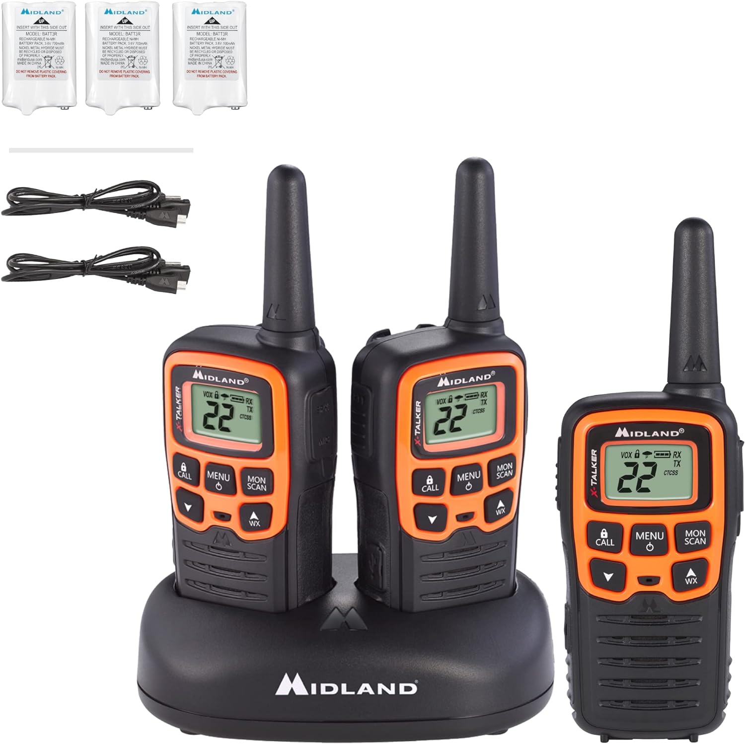 Midland - X-TALKER T51VP3, 22 canales FRS Radio bidireccional - Rango extendido, 38 códigos de privacidad, alerta meteorológica NOAA (paquete de 3) (negro/naranja)