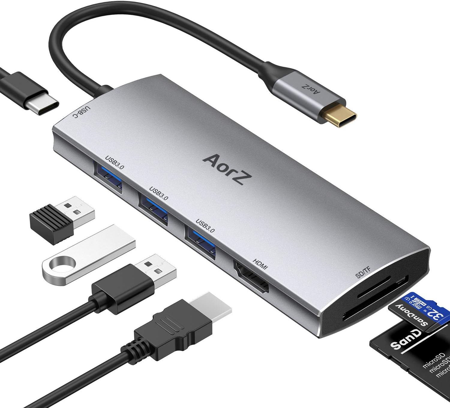 Hub USB C, Hub USB a HDMI Multipuerto AorZ USB C adaptador 7 en 1 con salida HDMI 4K, 3 puertos USB 3.0, lector de tarjetas SD/Micro SD, PD de 100 W, compatible con MacBook Pro Air HP XPS y más dispositivos tipo C