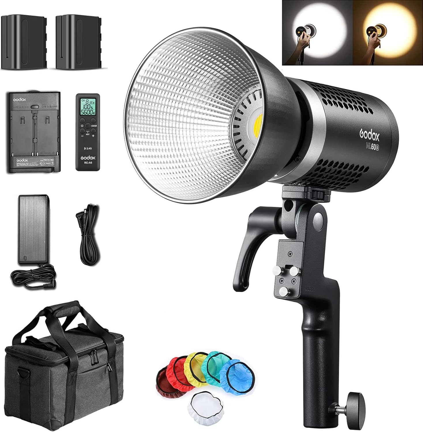 GODOX ML60Bi KIT DE LUZ LED, LUX DE VIDEO LED DE MANO, LUZ LED BICOLOR 2800K-6500K, CRI 96+ TLCI 97+, 7 EFECTOS FX, MODO SILENCIOSO, CON CONTROL REMOTO RC-A6 + 2 BATERIA DE LITIO NP970