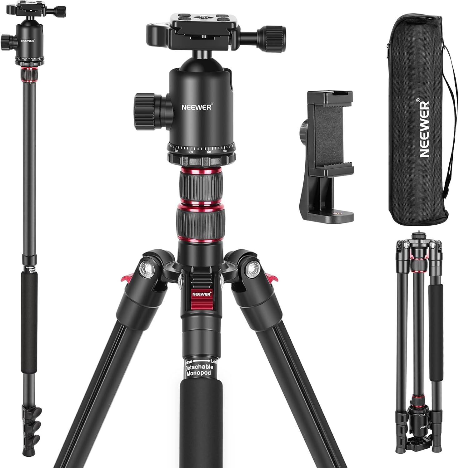 NEEWER TRÍPODE DE CÁMARA DE 77 PULGADAS CON RÓTULA DE BOLA PANORÁMICA DE 360°,COLUMNA CENTRAL DE 2 EJES,PLACA QR TIPO ARCA, ALUMINIO COMPACTO,LIGERO,CARGA MÁXIMA DE 34 LB, BOLSA DE TRANSPORTE INCLUIDA