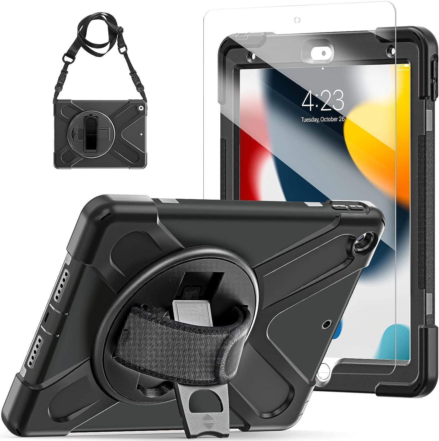 TSQ Funda para iPad 9th Generación 10,2 Pulgadas 2021/2020/2019 | Funda para iPad 8th/7th Gen con Protector de Pantalla | Funda Protector a Prueba de Golpes con Soporte/Correa para A2602/A2603, Negro