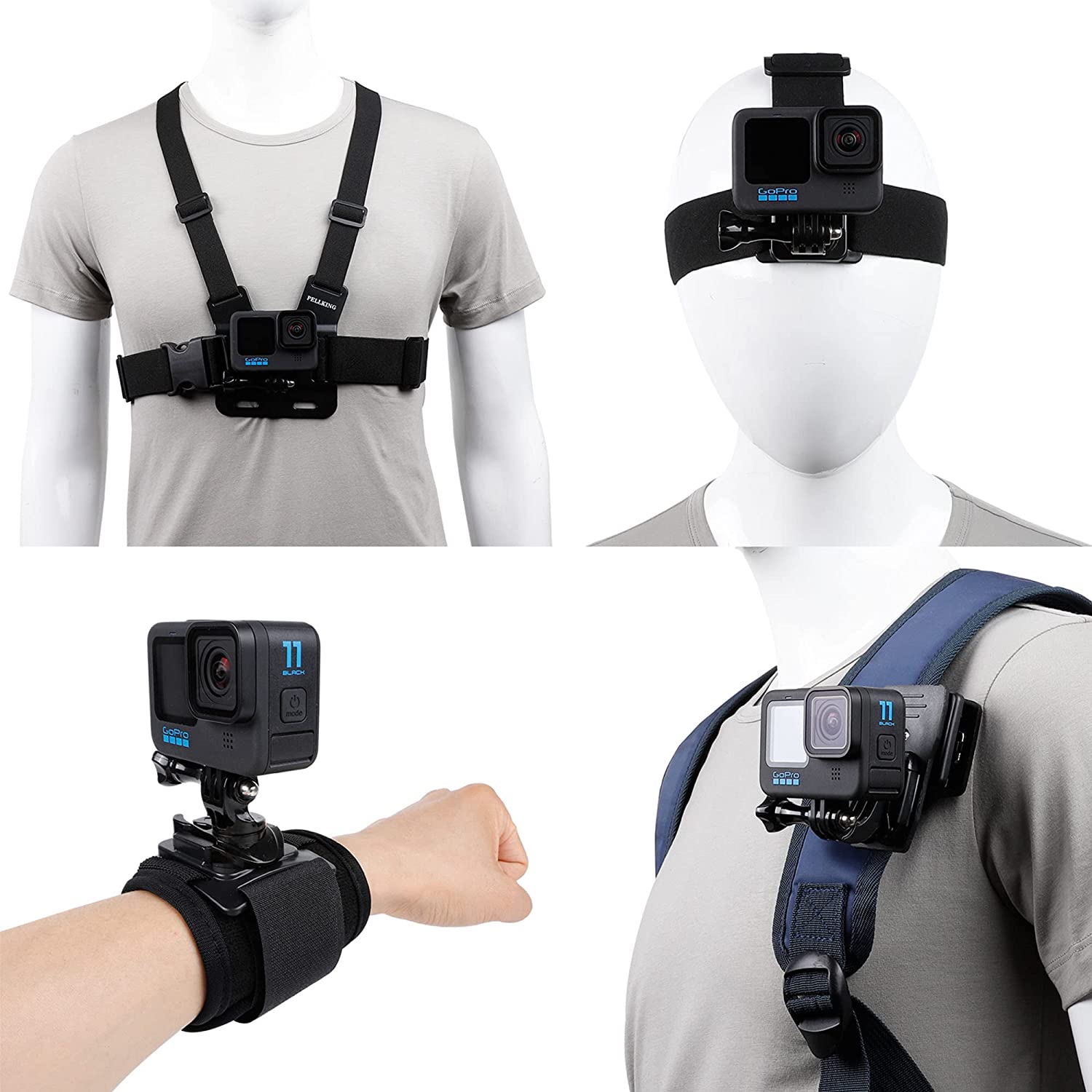 Juego de accesorios para GoPro Hero 11/10/9/8/7/6/5/4, nuevo soporte de correa de cabeza de liberación rápida + arnés de montaje en el pecho + soporte de clip de mochila + correa de muñeca giratoria de 360