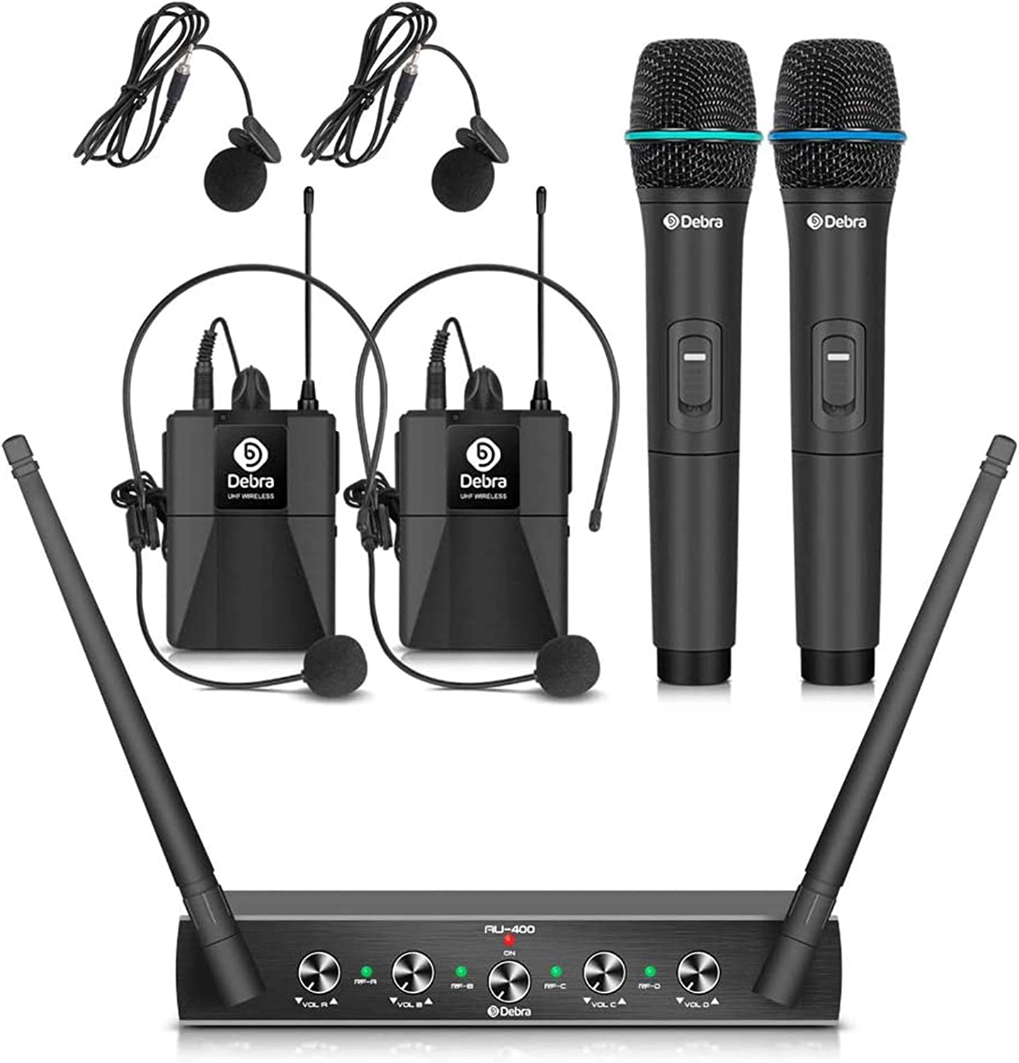 Sistema de micrófono inalámbrico de 4 canales con micrófonos inalámbricos Lavalier de mano-Debra Audio AU400 Pro UHF