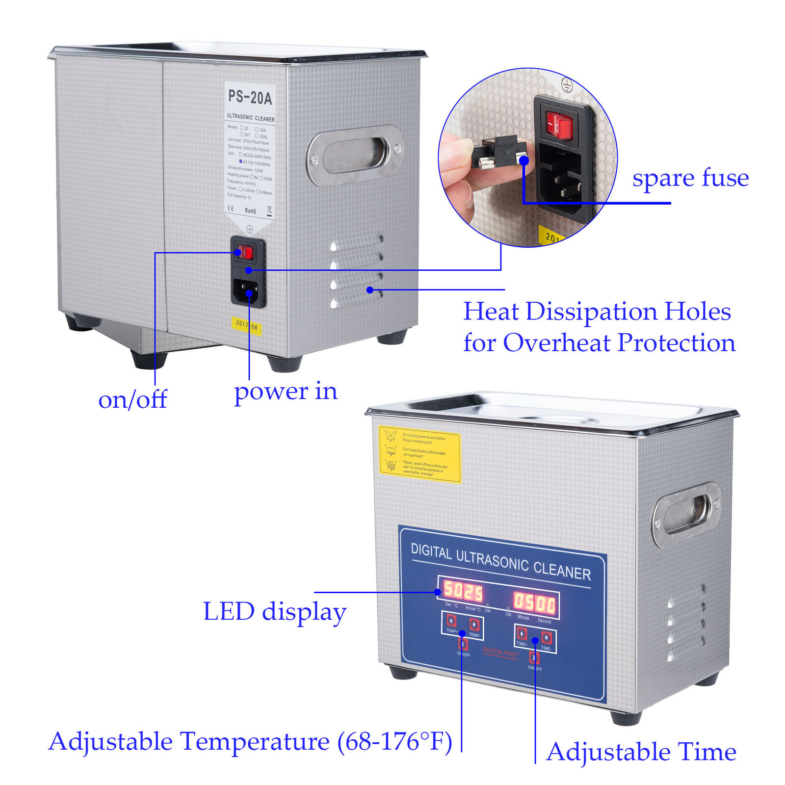 Limpiador ultrasÃ³nico de 3l Qt 110w Piezas industriales con calefacciÃ³n digital con temporizador y calentador