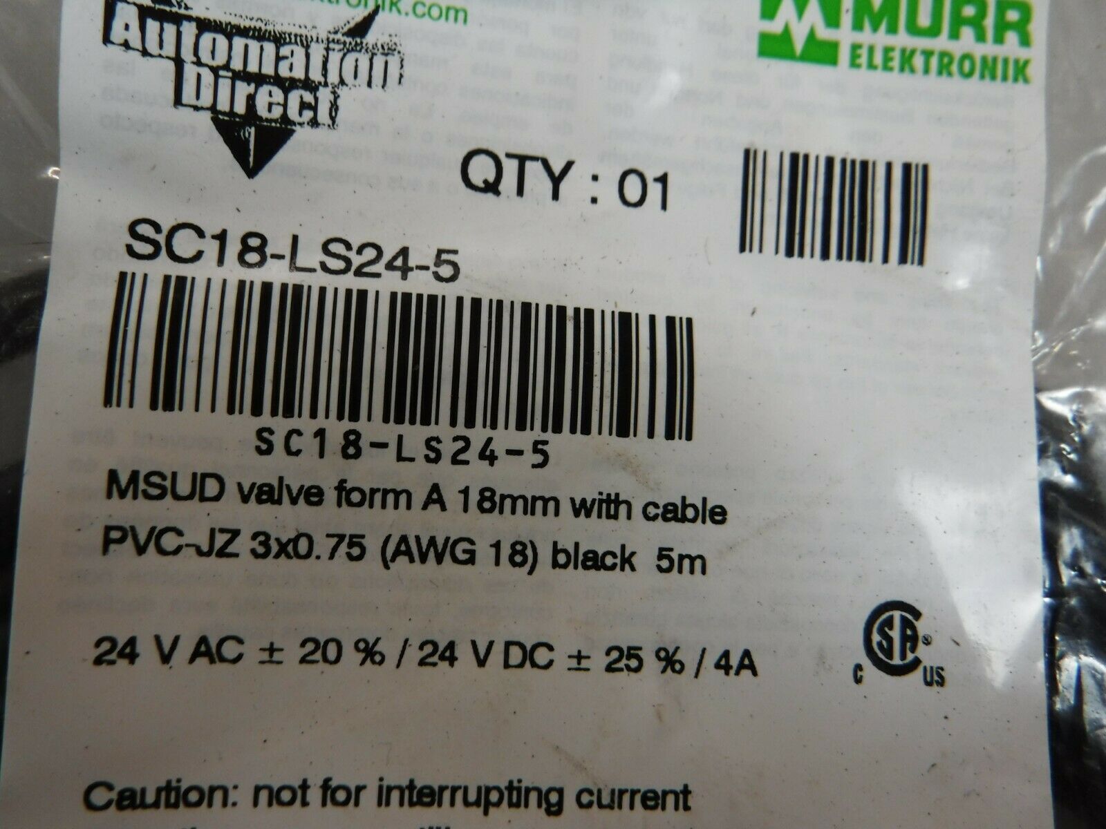 Murr Elektronik SC18-LS24-5 Solenoid Valve Connector 5M 24V AC/DC
