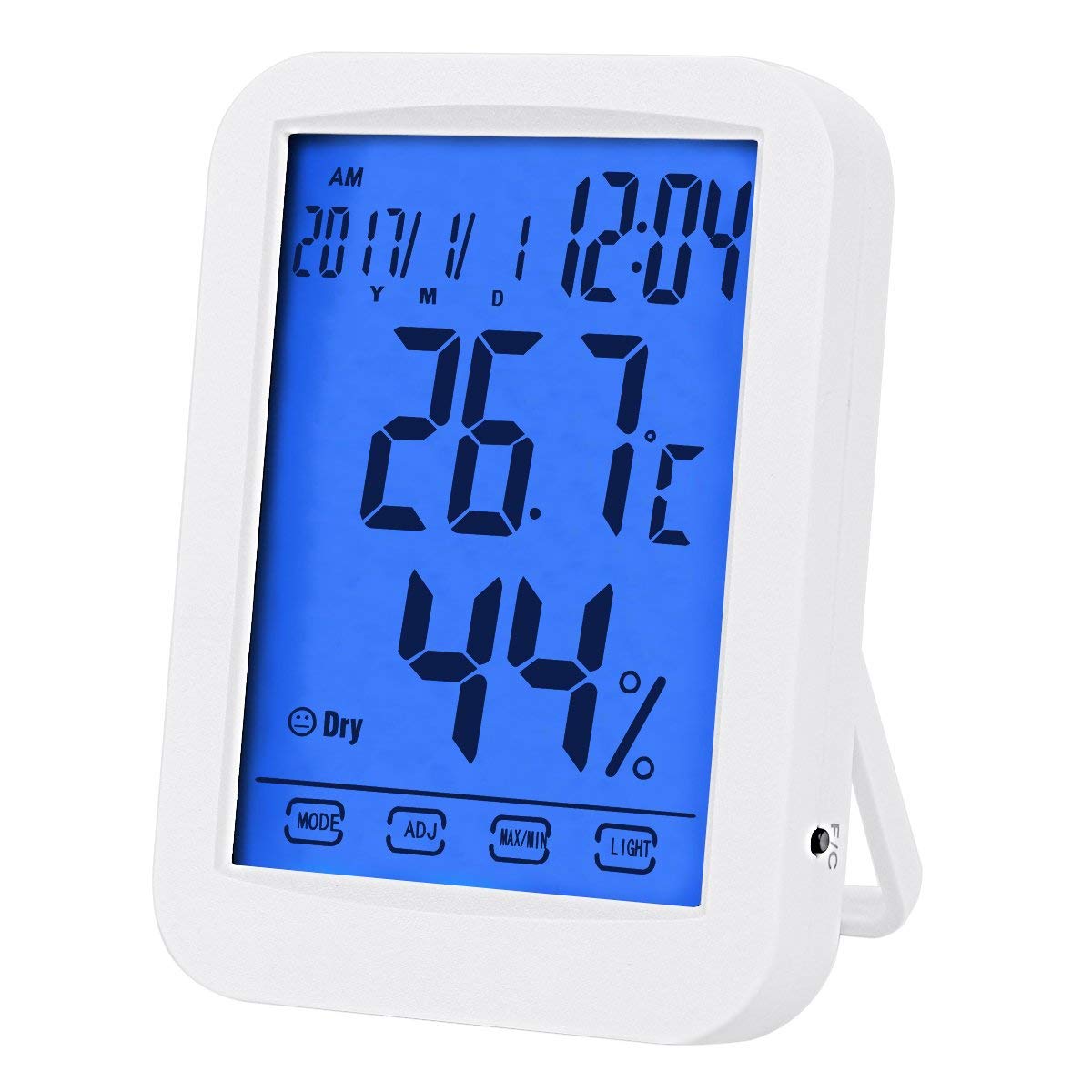 HIGROMETRO DE TEMPERATURA, HIGROMETRO DIGITAL PARA INTERIORES, MEDIDOR DE HUMEDAD MULTIFUNCIONAL CON RETROILUMINACION AZUL, PANTALLA TACTIL INTELIGENTE JUMBO CON RELOJ -NO INCLUYE BATERIA- BLANCO