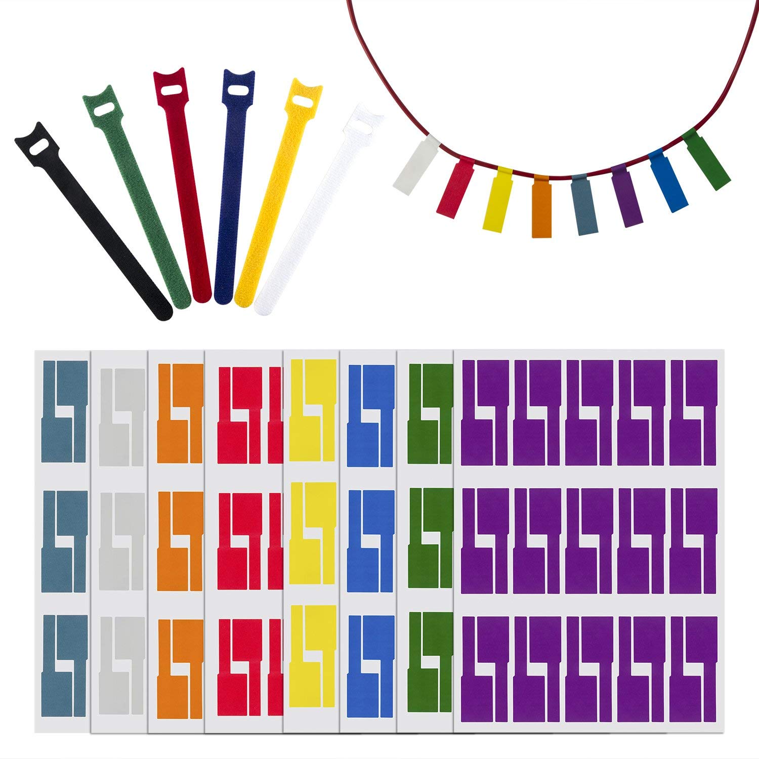 Waloden 480 piezas etiquetas de cable impermeable autoadhesivo etiquetas de cable resistente al desgarro pegatinas y 12 piezas reutilizables gancho y lazo correas de cable 8 colores