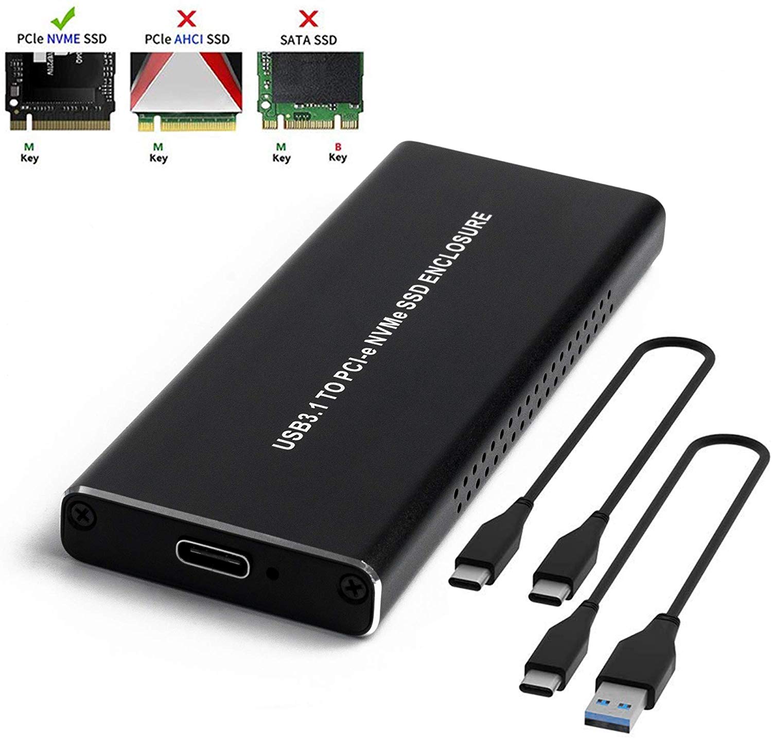 QNINE NVME SSD, adaptador M.2 NVME a USB C con estuche, basado en 10 Gbps USB 3.1 Gen 2 a PCIe Gen 3 x2 Bridge Chip, 2 cables USB incluidos, aptos para Samsung 960 970 EVO PRO WD Black NVME SSD