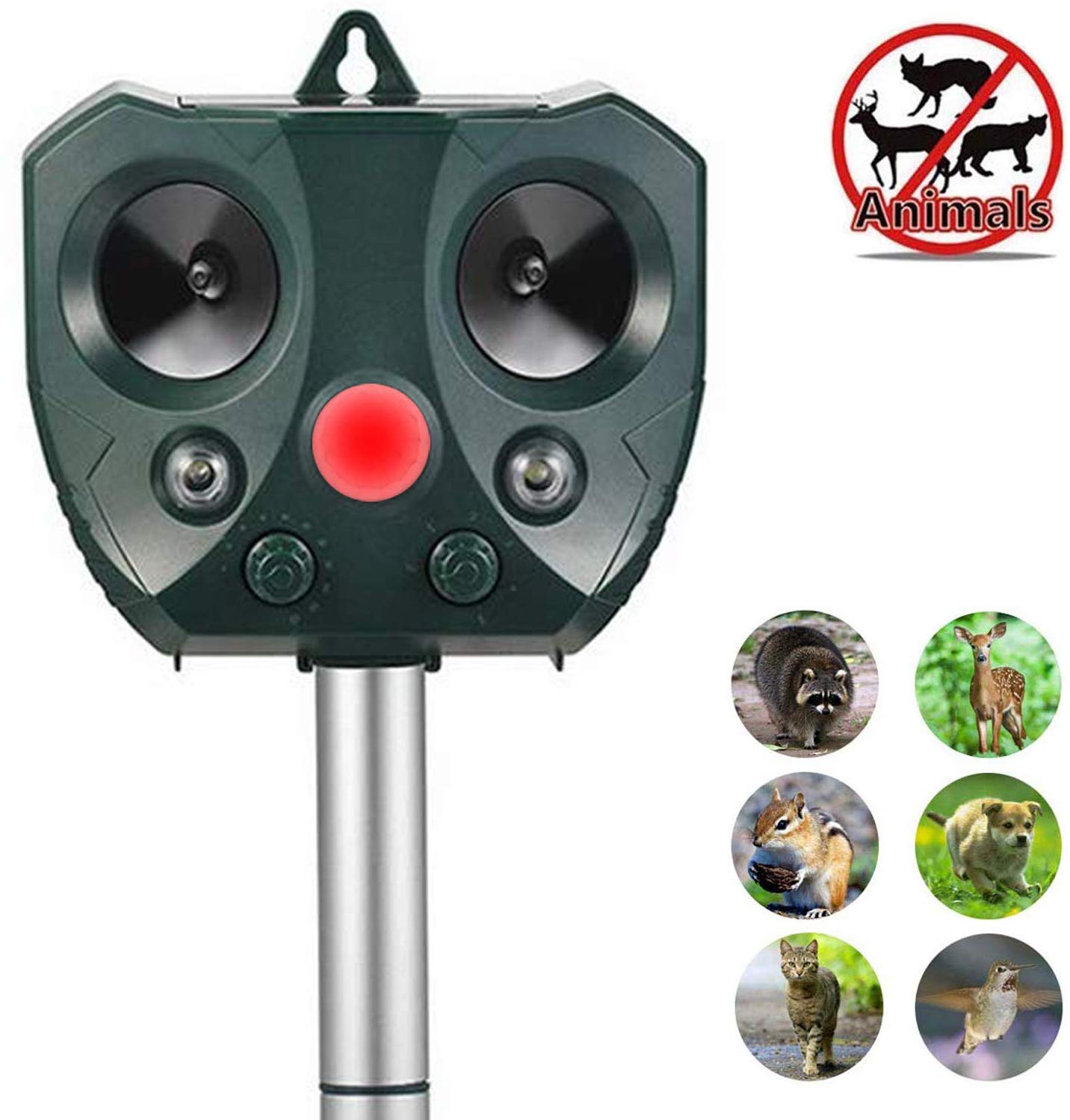 Ahuyentador solar ultrasónico de animales, funciona con energía solar, repelente de animales al aire libre, asusta animales salvajes lejos como ciervo, mapache, conejo, ardilla, gato, perro, pájaro