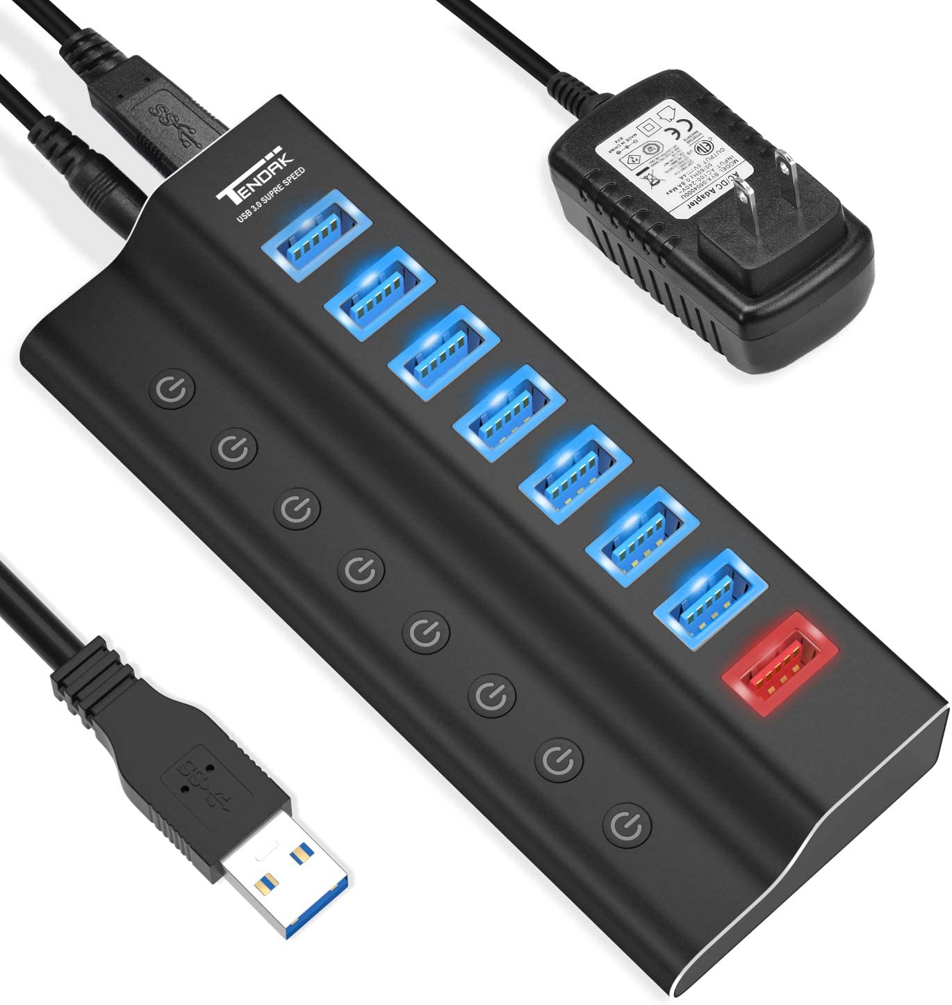 Hub USB 3.0 (8 puertos USB, 7 puertos de transferencia de datos de alta velocidad + 1 puerto de carga) con interruptores de encendido/apagado individuales y adaptador de alimentación de 5 V/4 A