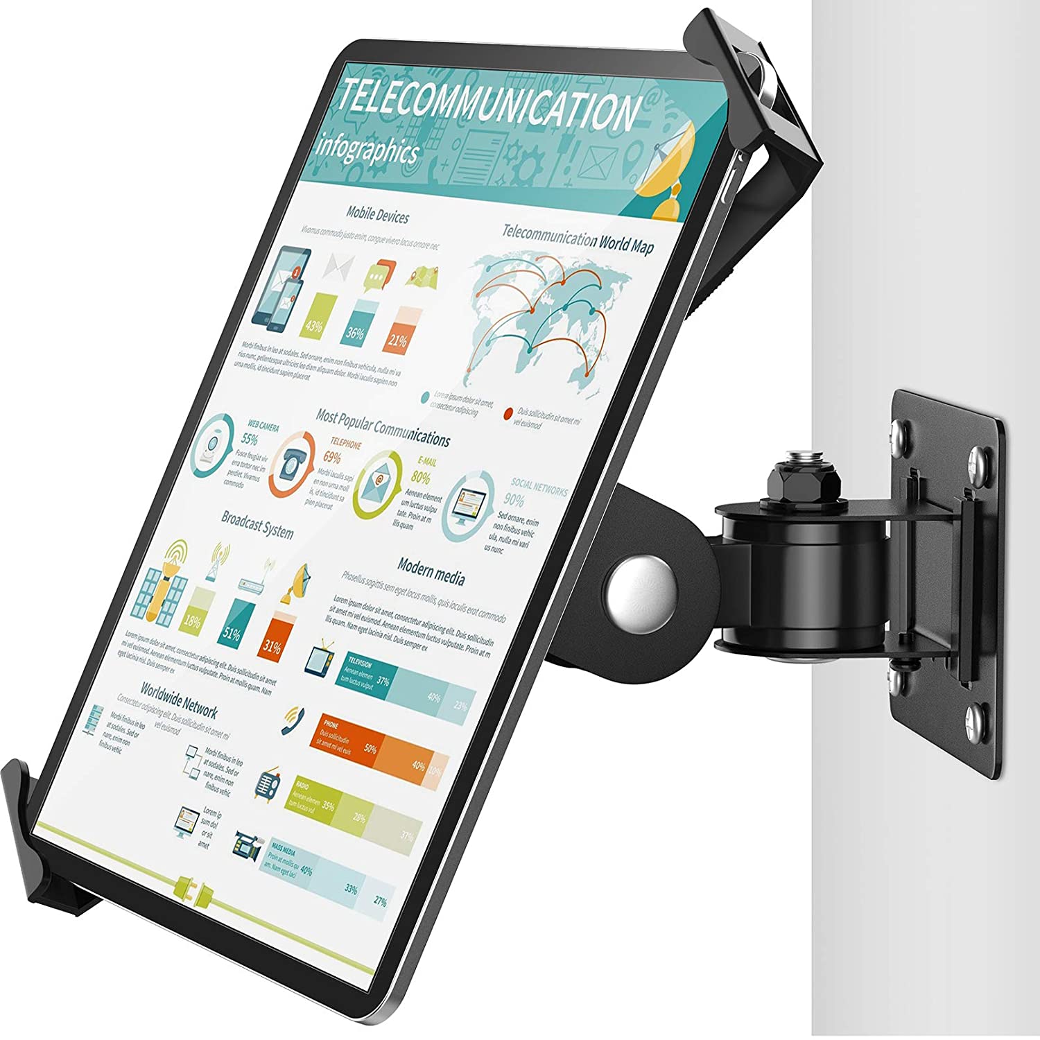 AboveTEK Tablet Wall Mount - Fits 7 to 11 Inch Tablets Including iPad, Galaxy Tab, Slate, Fire and More-Anti Theft Security Lock and Key - Articulating Swivel Holder for Portrait and Landscape(Black).