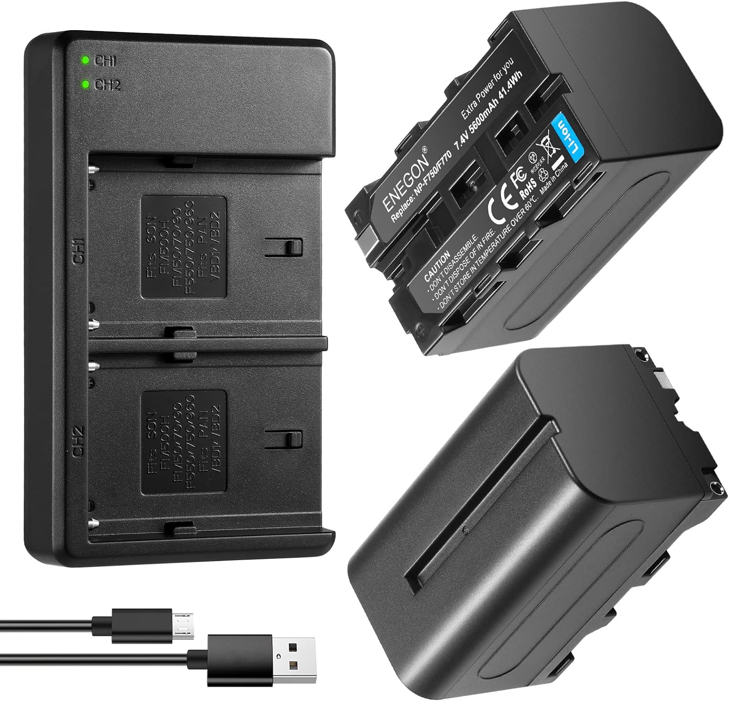 ENEGON NP-F750 Batería de Repuesto (Paquete de 2, 5600mAh) y Smart LED Cargador USB para Sony NP-F550 570 750 770 930 950 FM55H FM500H QM71 QM91 QM71D y Led Light, Monitor, Motorized Slider