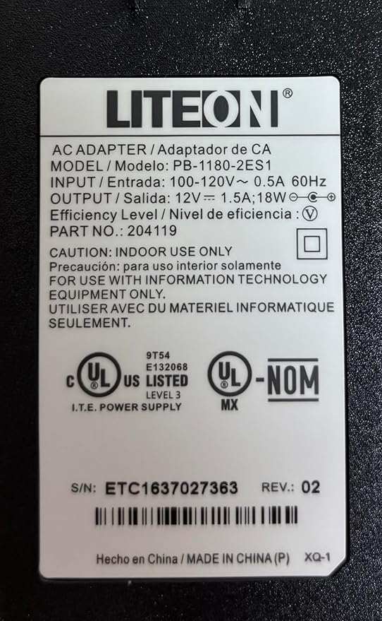 LITEON  | ADAPTADOR | DE CORRIENTE DE 12 V, 1.5 A, 5.5 X 2.5 X 9.5 MM, CABLE DE 5 PIES. | PB-1180-1