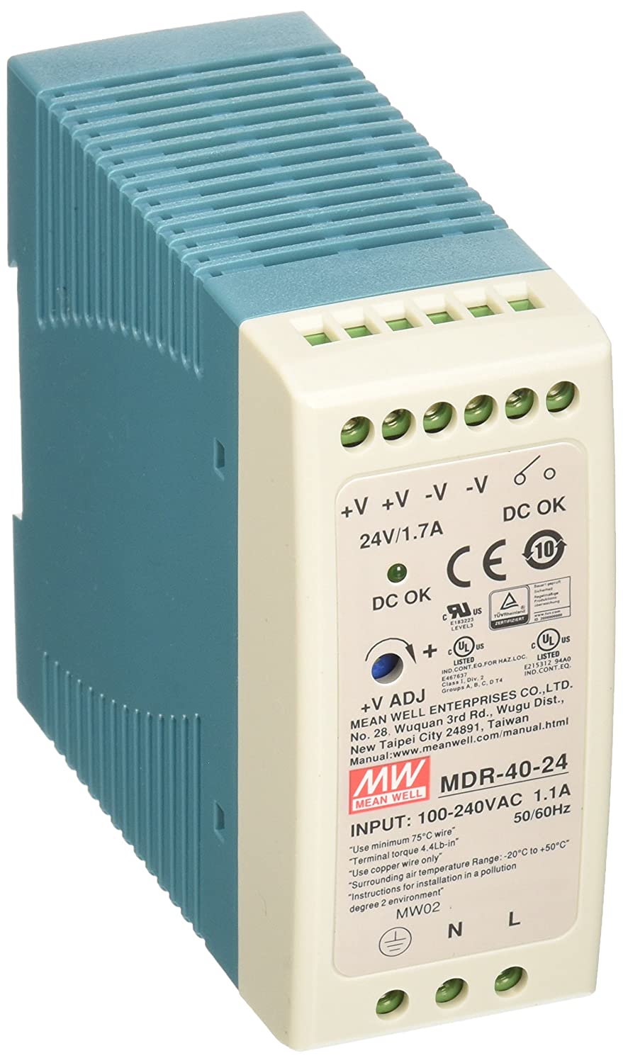 MEAN WELL MDR-40-24 Fuente de alimentación, riel DIN, 24 voltios, 1,7 amperios, 40,8 vatios, 9,9 cm x 4,1 cm x 8,9 cm