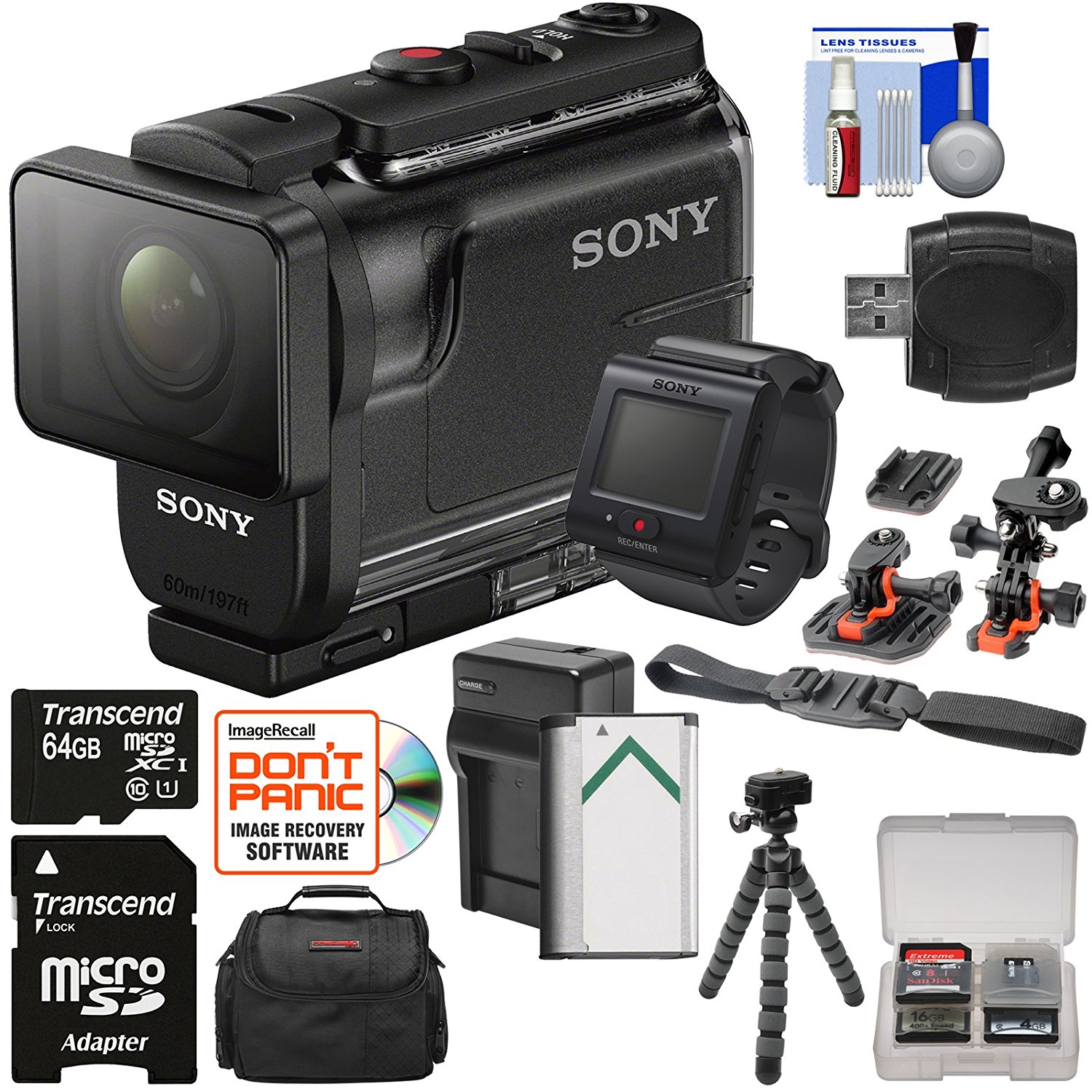 Sony Action Cam HDR-AS50R Wi-Fi HD Video Camera Camcorder & Live View Remote + 64GB Card + Battery/Charger + Case + Tripod + Flat Surface & 2 Helmet Mounts Kit
