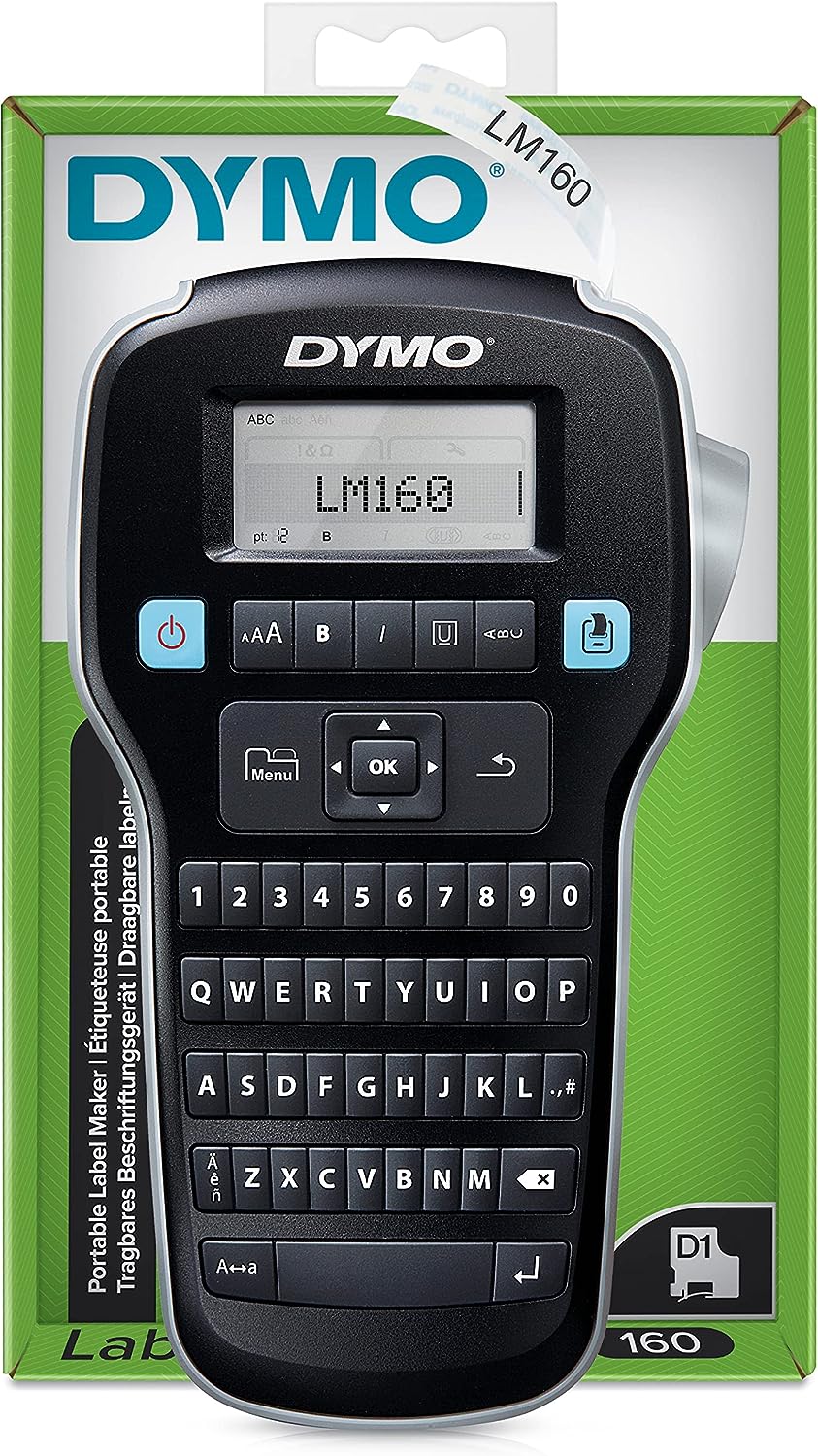 DYMO LabelManager 160 Etiquetadora | Impresora de Etiquetas de Mano con Teclado QWERTY | Incluye Cinta de Etiquetas D1 en Blanco y Negro (12 mm) | para el hogar y la Oficina