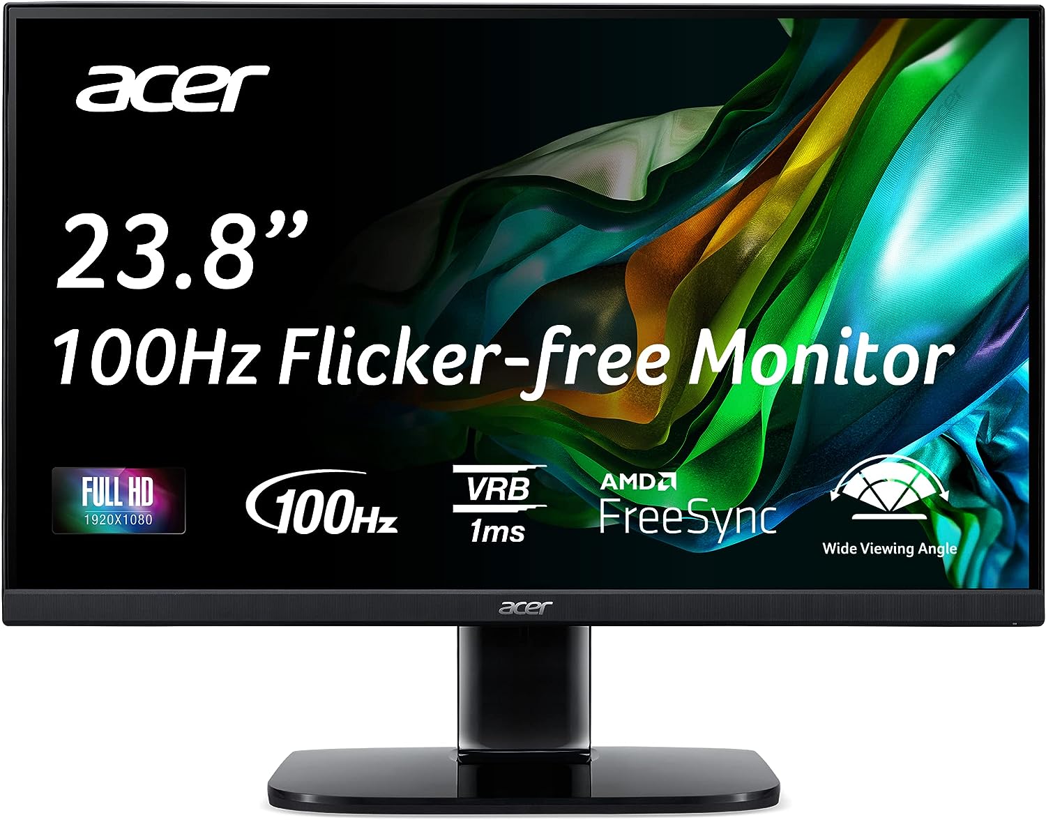Acer KC242Y Hbi 23.8" Full HD (1920 x 1080) Monitor de oficina para juegos de marco cero | Tecnología AMD FreeSync | 100Hz | 1 ms (VRB) | Luz azul baja | Inclinación | Puertos HDMI y VGA, negro