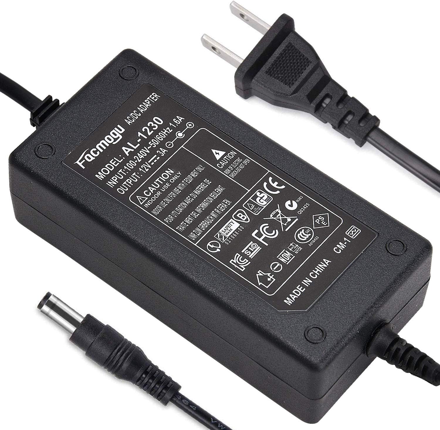 DC 12V 3A Power Adapter, 36 Watt AC 100-240V to DC 12Volt Transformers, Switching Power Supply for LED Strip Light, Camera, Wireless Router 2.1mm X 5.5mm US Plug