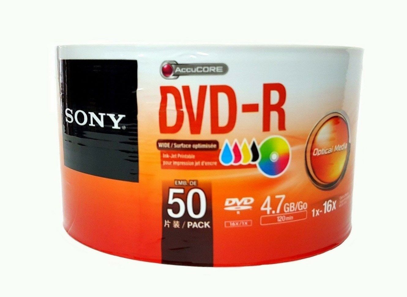 SONY DVD-R 16x 4.7GB White Inkjet Printable Media Discs 50 Pack.