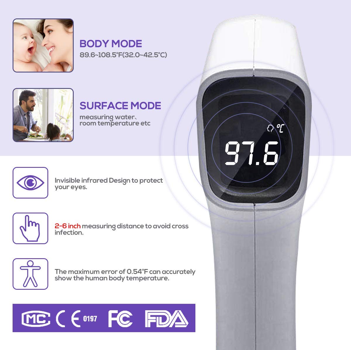 Pistola de temperatura de mano Termómetro médico digital con pantalla LED Fiebre de lectura instantánea precisa para bebés y adultos avalado por la FDA