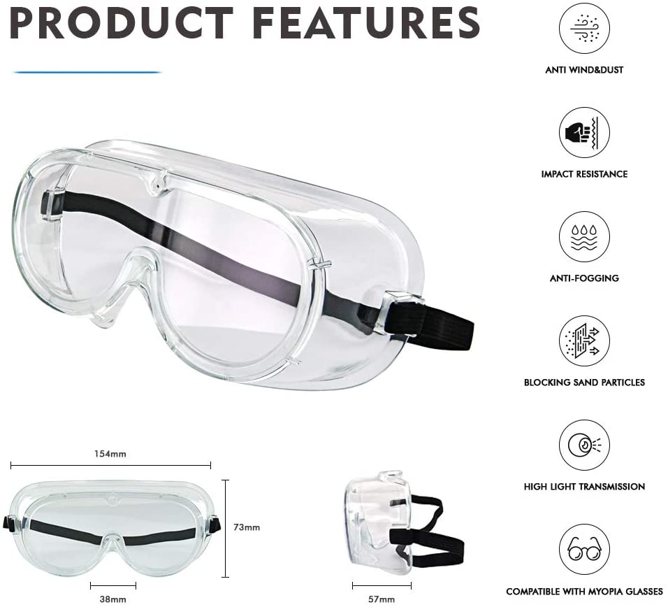Gafas de seguridad médica estándar transparentes antiniebla ajustables anti salpicaduras químicas suave y ligero para protección UV OLC001-1 (Paq. 10 piezas)