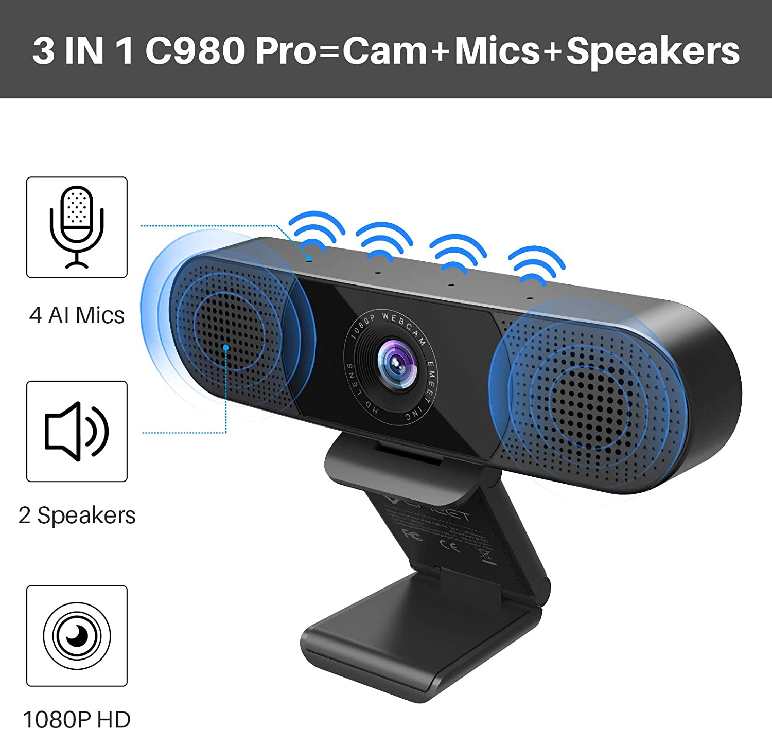 Cámara web 3 en 1 - eMeet C980 Pro Webcam con micrófono, 2 altavoces y 4 micrófonos omnidireccionales incorporados, cámara web 1080P
