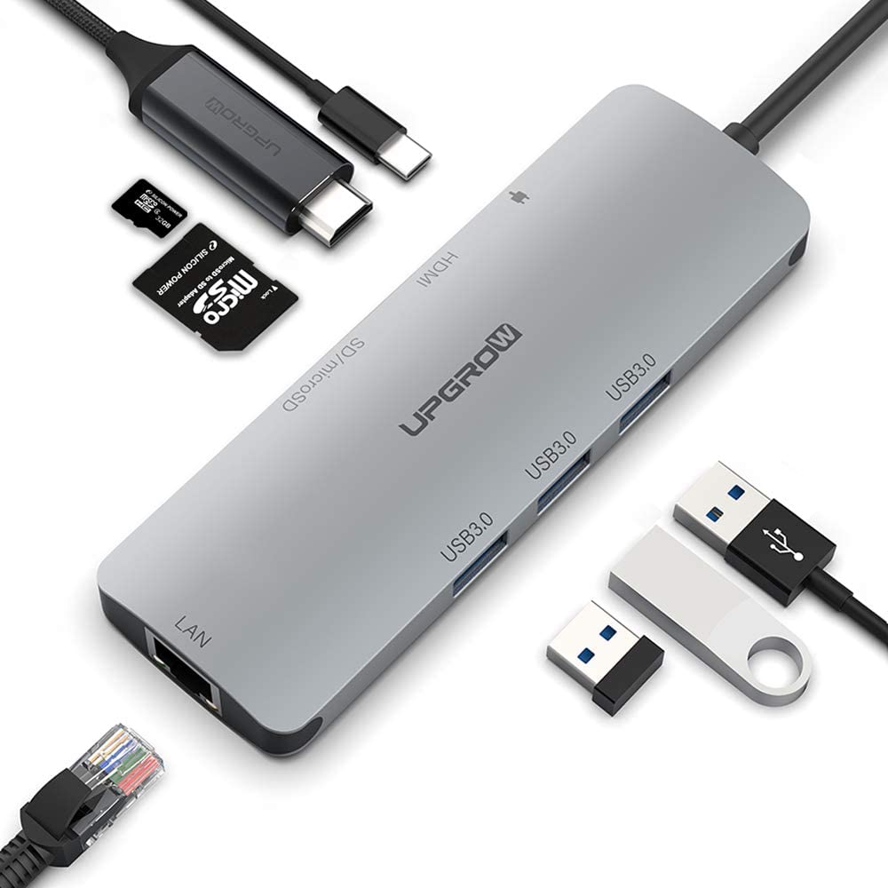 UPGROW Hub USB C 8 en 1 tipo C Hub con puerto Ethernet adaptador HDMI 4K 3 puertos USB 3.0 lector de tarjetas SD-TF USB-C Power Delivery portatil para Mac Pro y otros portatiles USB C.