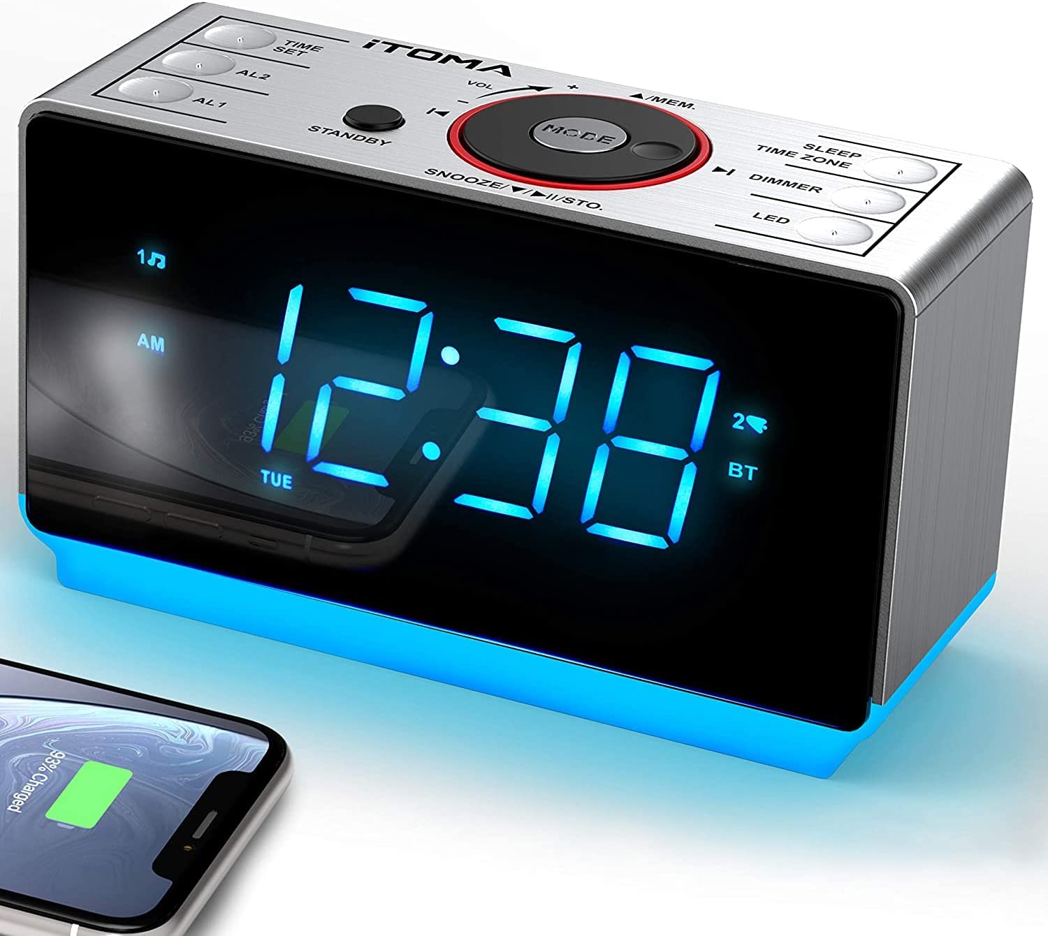 iTOMA Reloj Despertador con Radio FM, Conector para Auriculares, Carga USB, luz Nocturna, Bluetooth, Temporizador para Dormir, 4 reguladores Ajustables CKS708.