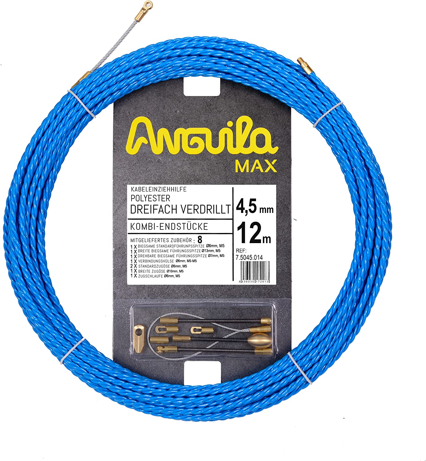 Anguila Max 7.5045.012 Guía pasacables Especial Curvas Poliéster Triple Trenzada 4,5mm 12 Metros y terminales Mixtos, Azul
