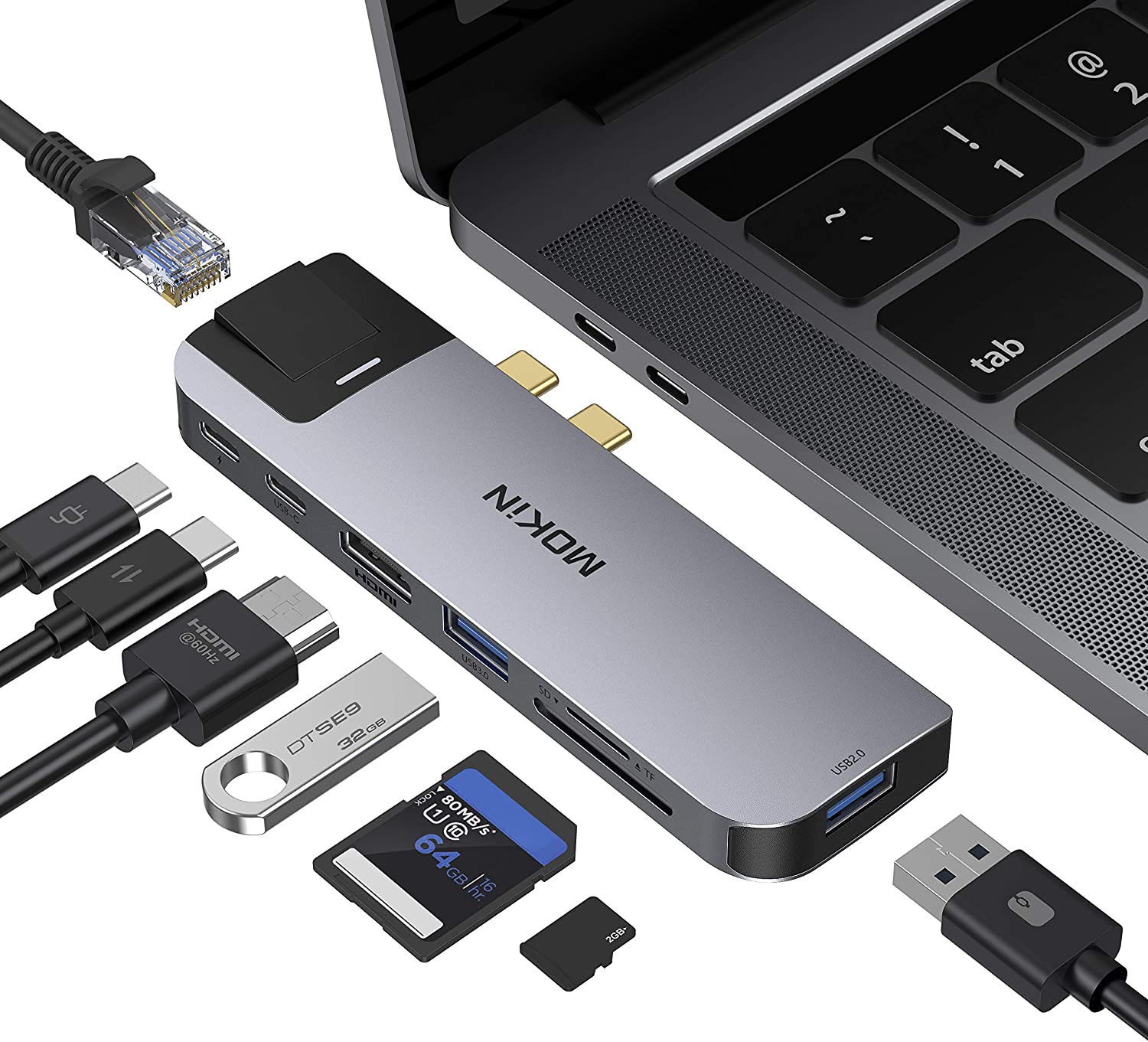 Adaptador USB para MacBook Pro, USB C multipuerto adaptador para Mac Dongle para MacBook Pro/Air con puerto HDMI 4K, Gigabit ethernet, 2 USB, lector de tarjetas TF/SD, USB-C 100W PD y Thunderbolt 3