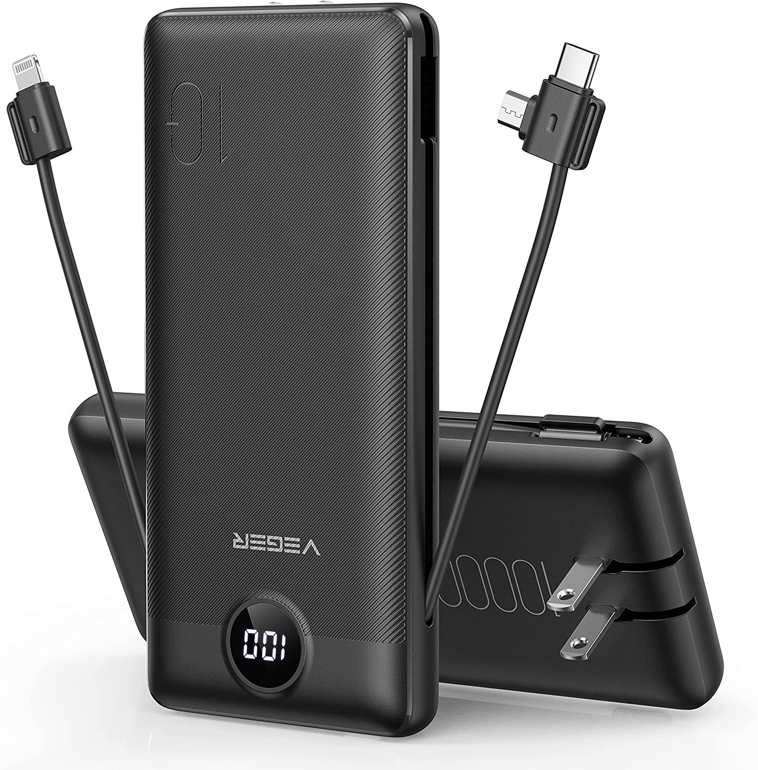 VEGER Cargador portátil para iPhone, cables integrados de carga rápida USB C Slim 10000 Power Bank, enchufe de pared USB paquete de batería para iPhones, iPad, Samsung más teléfonos tabletas (negro)