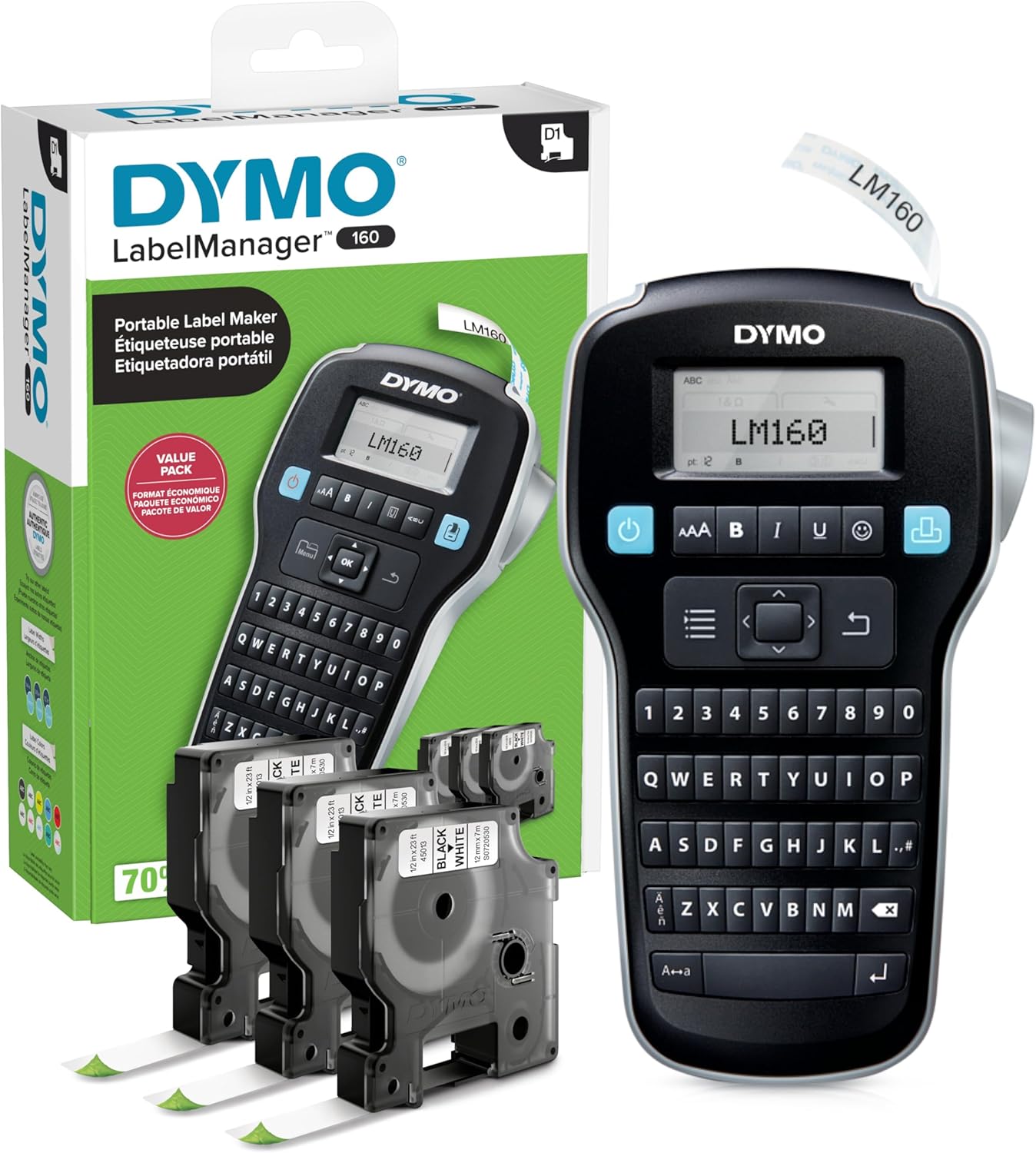 DYMO LABELMANAGER 160 - PAQUETE PORTÁTIL DE ETIQUETAS, FÁCIL DE USAR, TECLAS INTELIGENTES DE UN SOLO TOQUE, TECLADO QWERTY, VISUALIZACIÓN GRANDE, PARA ORGANIZACIÓN DEL HOGAR Y LA OFICINA, INCLUYE 3