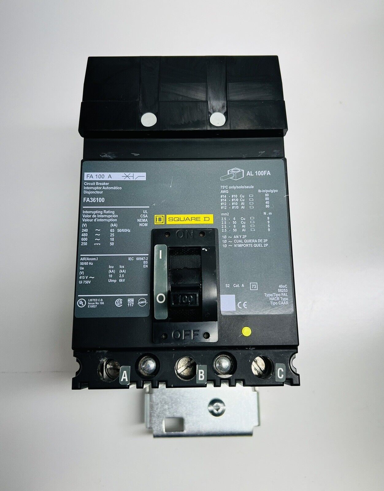 FA36100 SQUARE D 100 AMP 600V 3 POLE ILINE CIRCUIT BREAKER