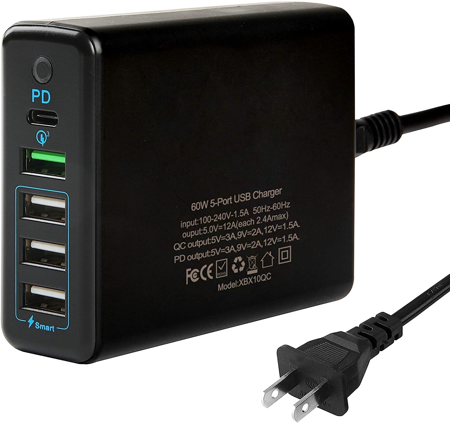 Estación de carga USB C cargador USB de 60 W de 5 puertos con puerto de entrega de alimentación USB C de 18 W carga rápida de 3.0 y PD cable de 5 pies iPhone iPad Galaxy