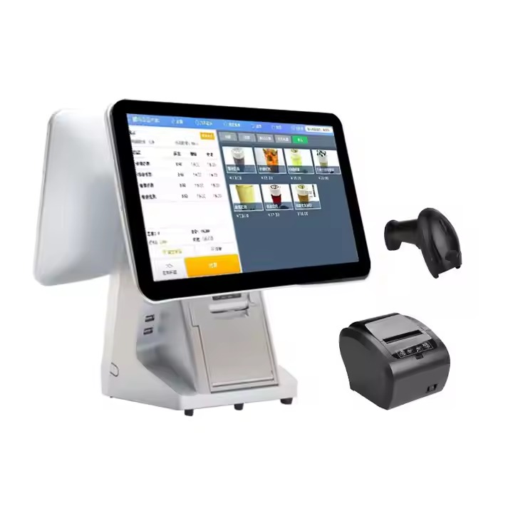 15.6 inch POS all in one pc Intel Celeron N2840 4gb+128gb buit in 80mm printer 15 inch customer display wifi bluetooth speaker