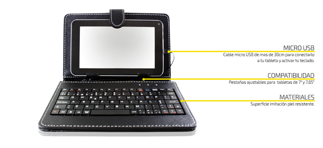 FUNDA CON TECLADO ALAMBRICO 7 Y 8 PULGADAS ACTECK AJUSTABLE NEGRO CONECTOR MICRO USB MODELO FT-900