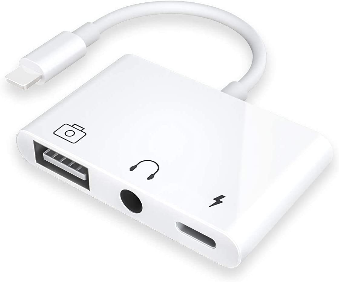 Adaptador de cámara USB 3, adaptador OTG 3 en 1 USB hembra con carga y divisor de audio para auriculares de 0.138 in para iPhone/iPad, compatible con unidad flash USB, teclado MIDI