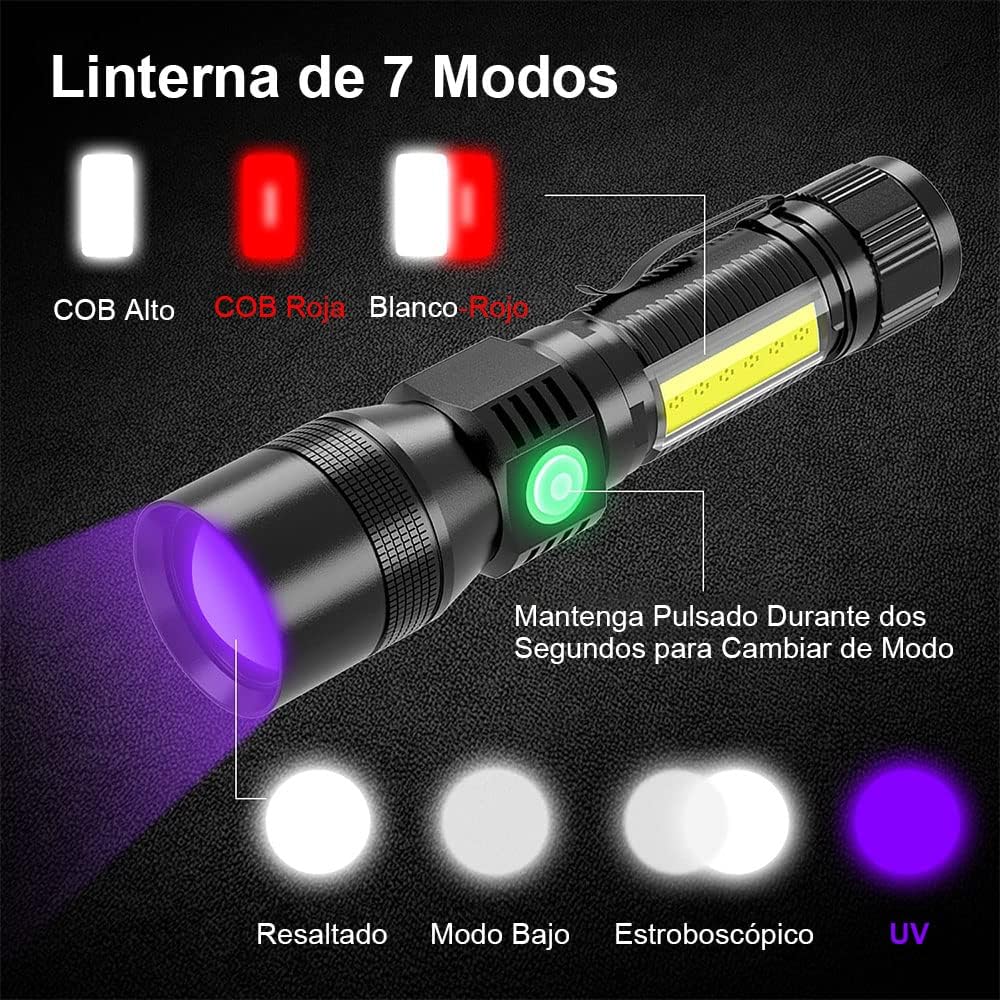 LINTERNA LED LUZ BLANCO | UV COB 3 | 2400 LUMENES | RECARGABLE | 7 MODOS | AETT005NBK01