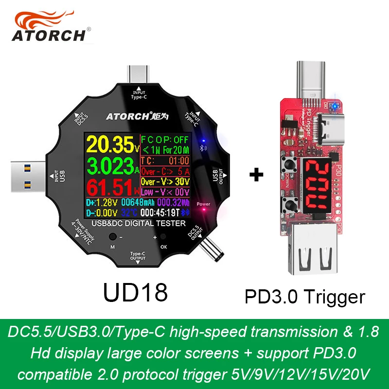 DC5.5 USB 3.0 Type-C 18 in 1 USB tester dc digital voltmeter power bank charger voltage meter +PD3.0/2.0 protocol Trigger