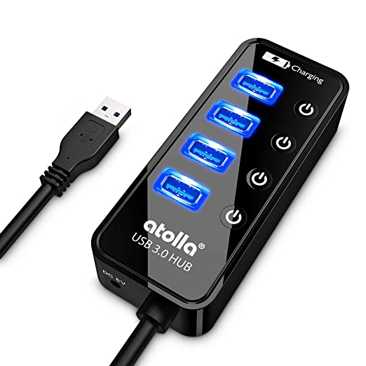 ATOLLA Hub USB 3.0 5 en 1, 4 Puertos Super Speed 5Gbps Multi USB Hub con Interruptor Independiente con 1 Puerto de Carga USB (Longitud del Cable 0,6 Metros, sin Adaptador de CA) CH-204U3