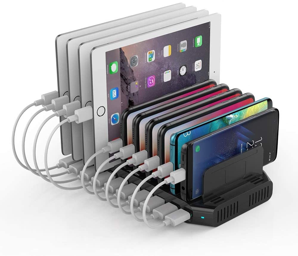 Alxum Estación de carga USB de 60 W, 10 puertos, estación de carga múltiple, soporte organizador USB para iPad, iPhone Xs Max, X, 8 Plus, Samsung Galaxy, Google Pixel, LG Stylo, color negro