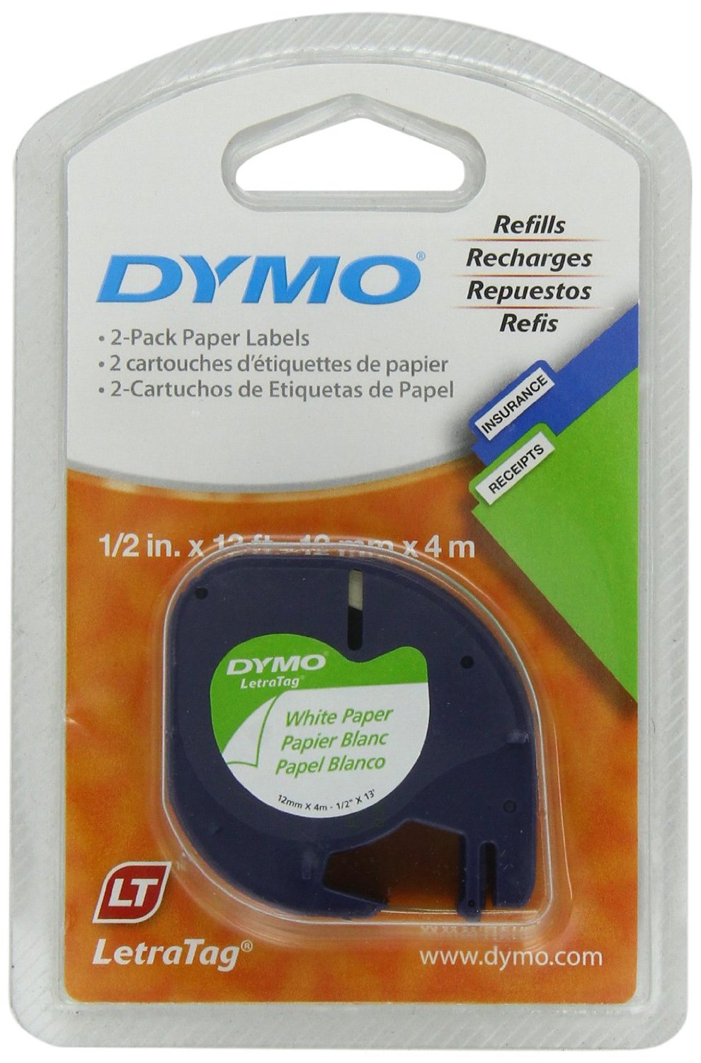 DYMO 10697 Self-Adhesive Paper Tape for LetraTag Label Makers, 1/2 pulgada , Blanca, rollo de 13 pies (4 metros), paquete de 2 piezas.
