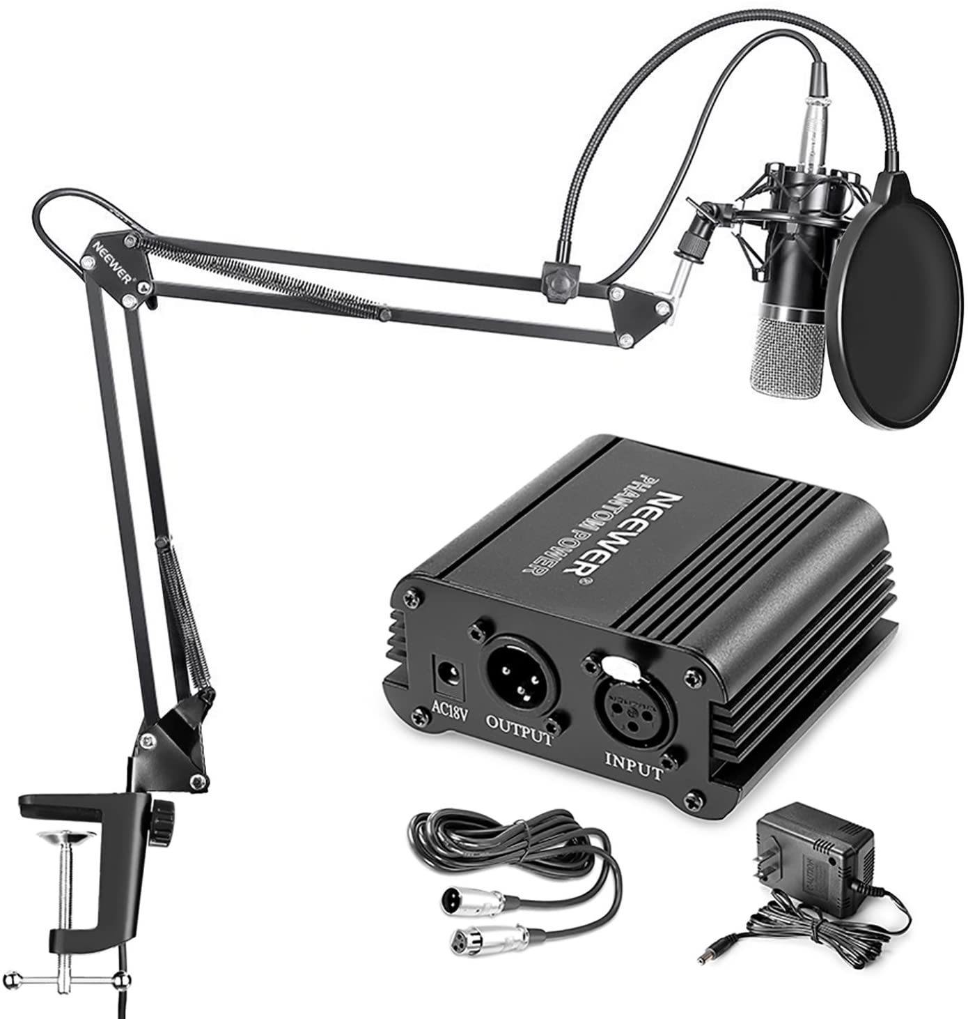 Neewer Micrófono de condensador y equipo de suministro de alimentación Phantom, Negro + negro