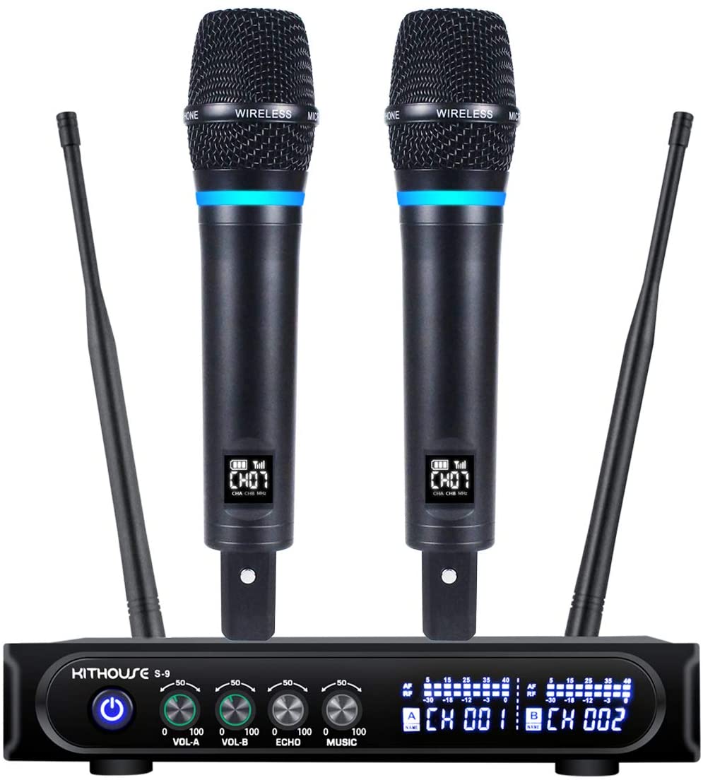 Kithouse S9 UHF Rechargeable Wireless Microphone System Karaoke Microphone Wireless Mic Cordless Dual with Bluetooth Receiver Box + Volume Control ECHO for Karaoke Singing Speech Meeting Church, 200FT