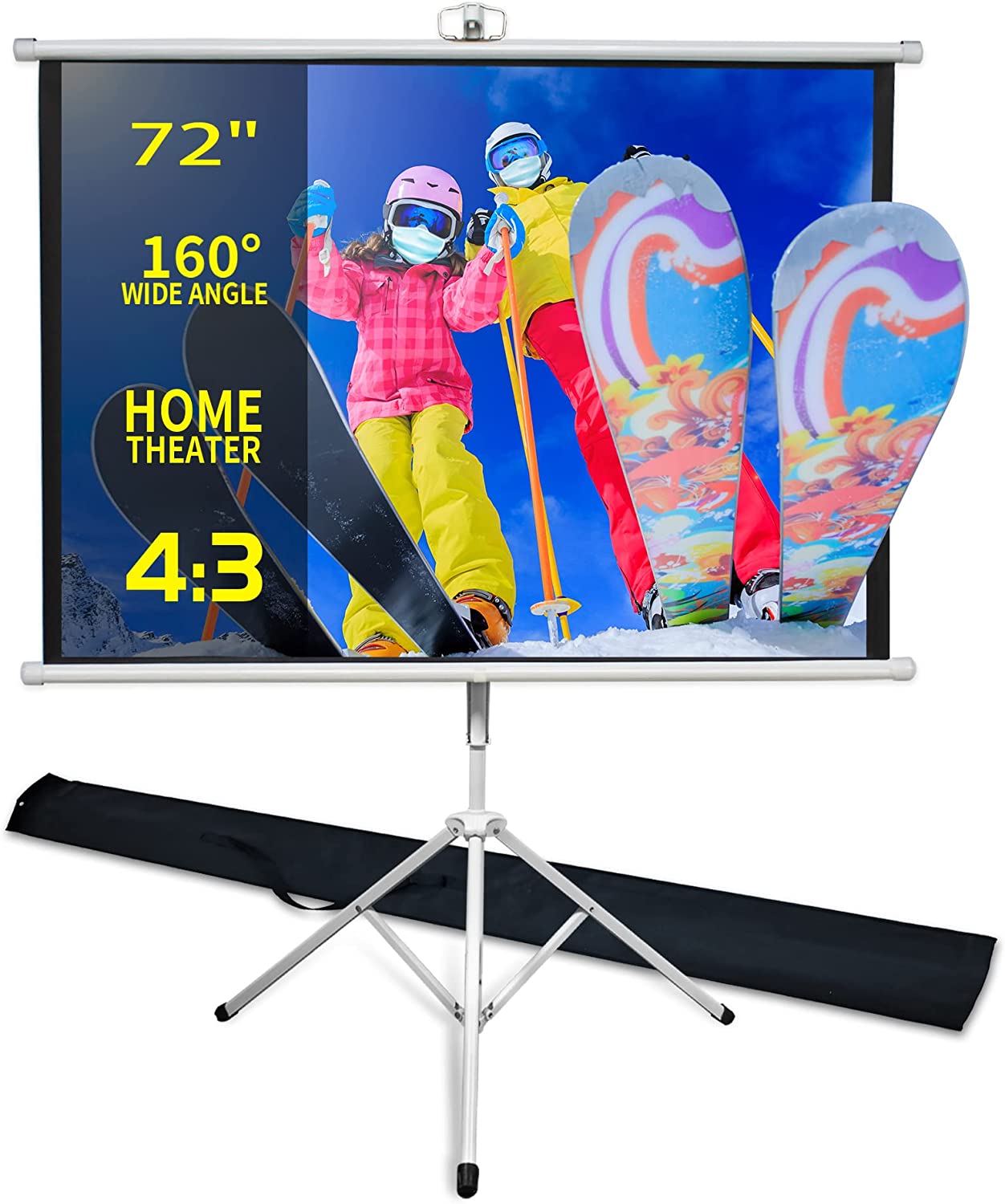 TRMESIA Pantalla de proyector portátil de 72 pulgadas con soporte de trípode plegable, pantalla de película mejorada para proyector, pantalla de proyección desplegable de 4:3 y bolsa de transporte para noche de cine en interiores y exteriores