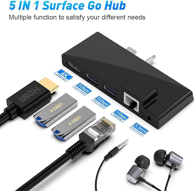 Microsoft Surface Go Dock para Surface Go/Go 2/Go 3, estación de acoplamiento 5 en 1 para Surface Go USB C HDMI Hub Adaptador con Ethernet RJ45 4K HDMI 2 puertos USB 3.0, para adaptador de audio de 3.5 mm